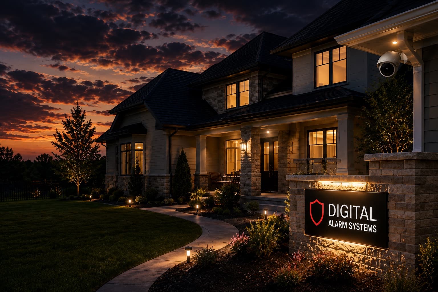 Home at dusk in Arkansas with a Digital Alarm Systems security camera and lit yard sign