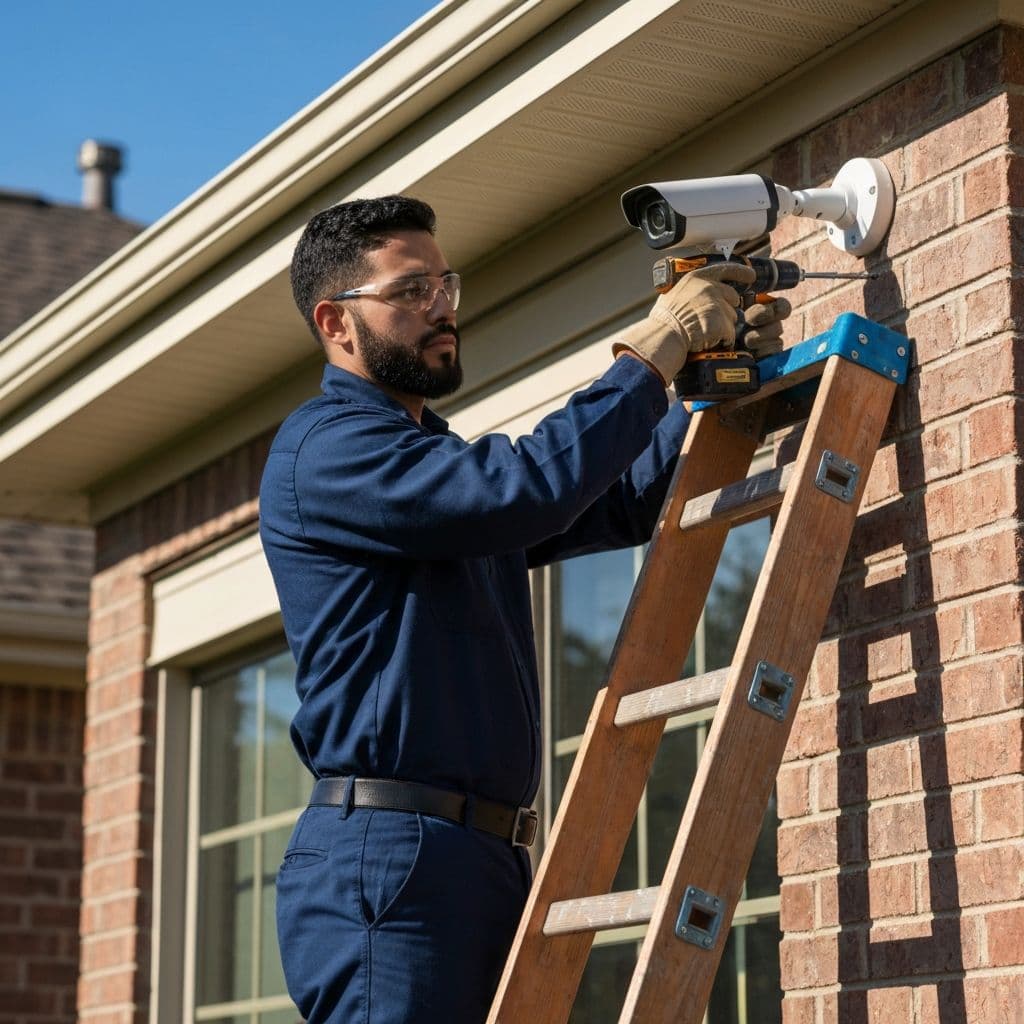 Digital Alarm Systems technician installing a security camera